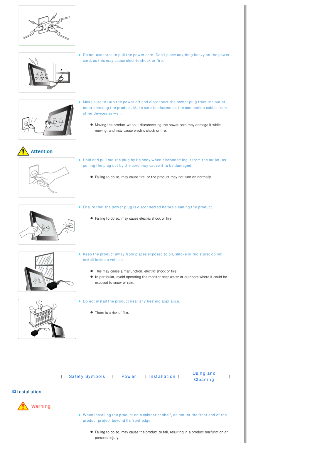 Samsung LP10CBQSBTZEN manual Installation, Failing to do so, may cause electric shock or fire, There is a risk of fire 