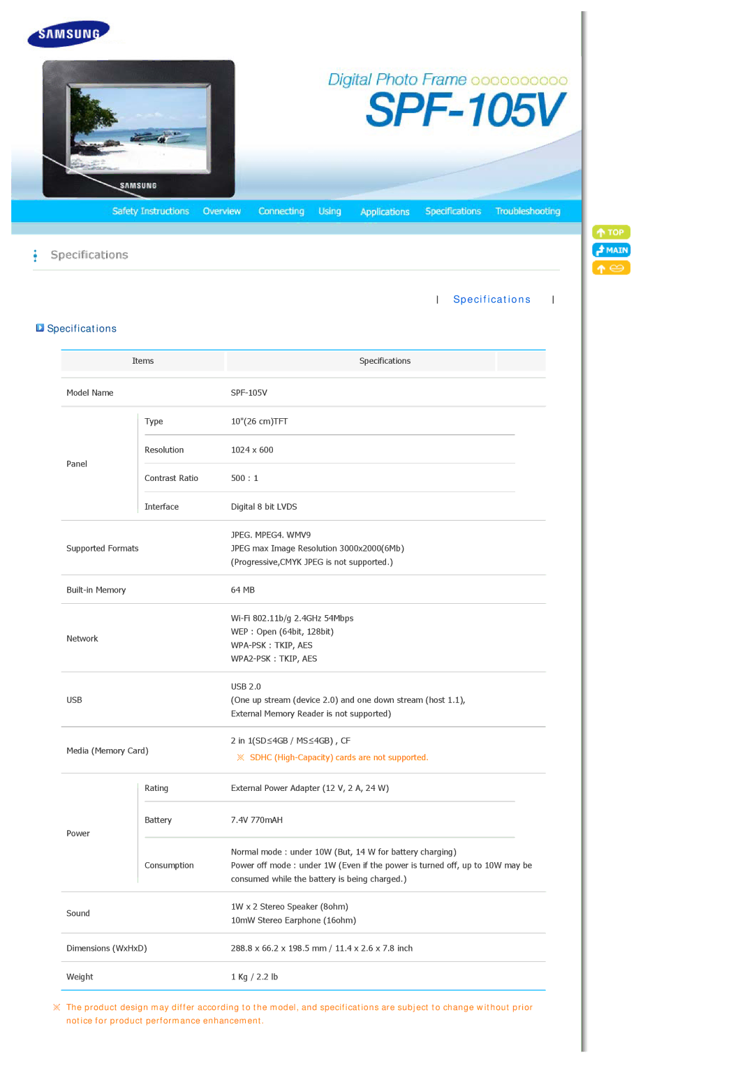 Samsung LP10CBQSBTZEN manual Specifications 