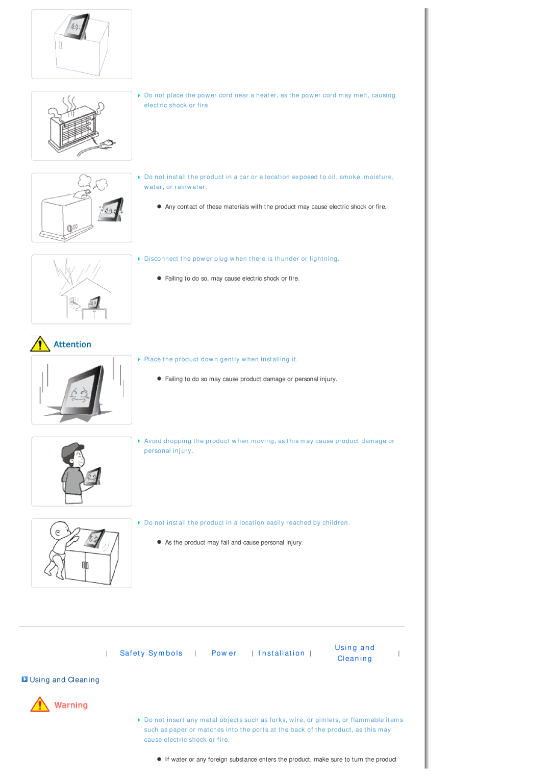 Samsung LP10CBQSBTZEN manual Using and Cleaning, As the product may fall and cause personal injury 