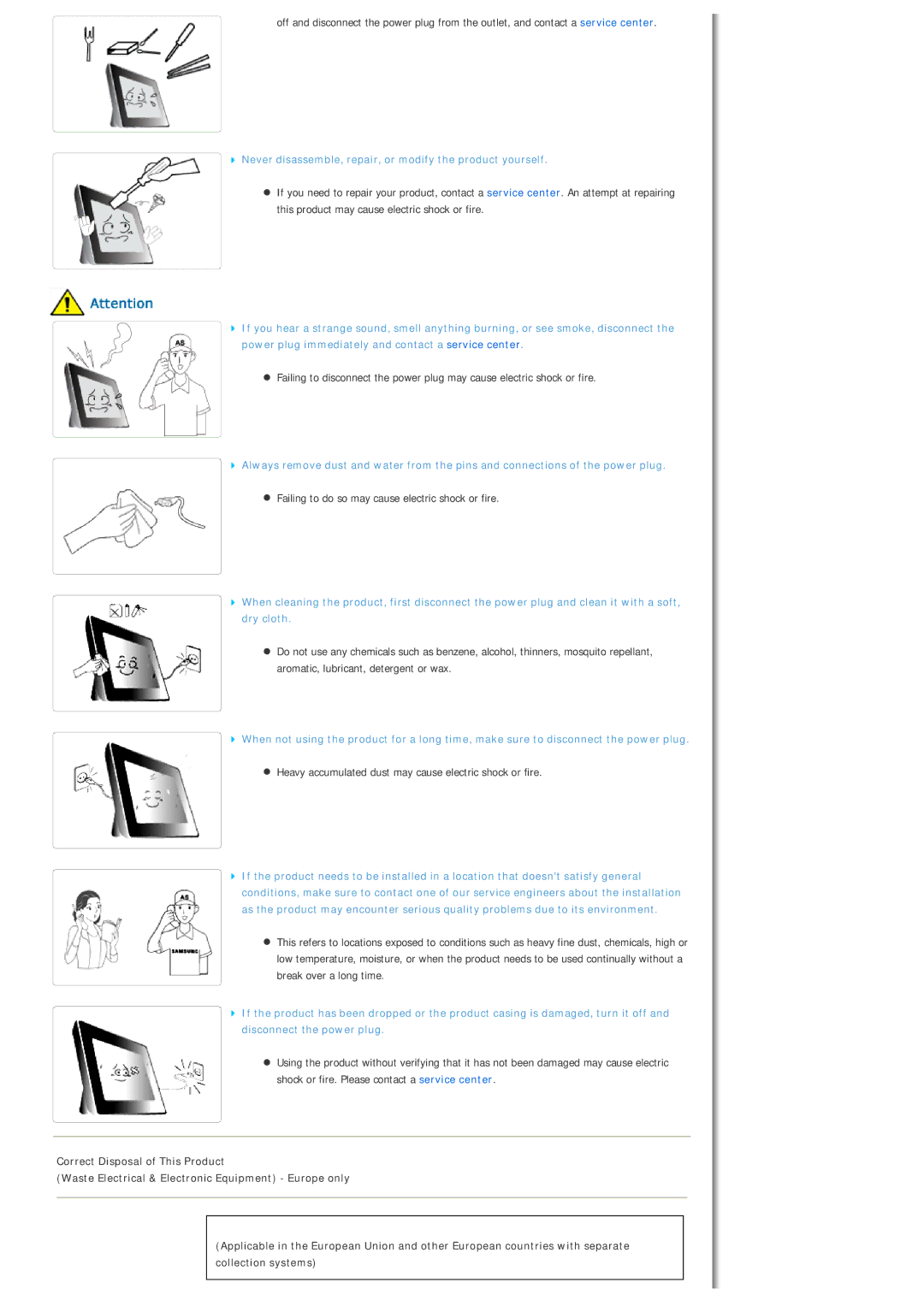 Samsung LP10CBQSBTZEN manual Failing to do so may cause electric shock or fire 