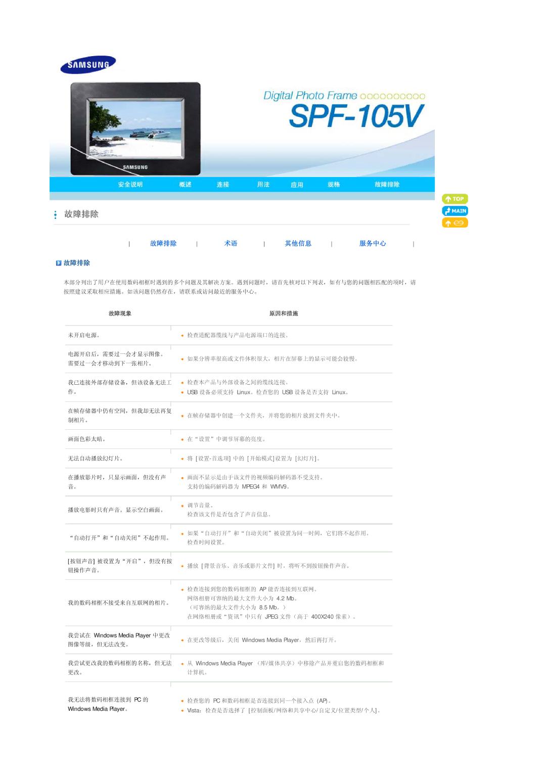 Samsung LP10CBQSBTZEN manual 故障排除 其他信息 服务中心 