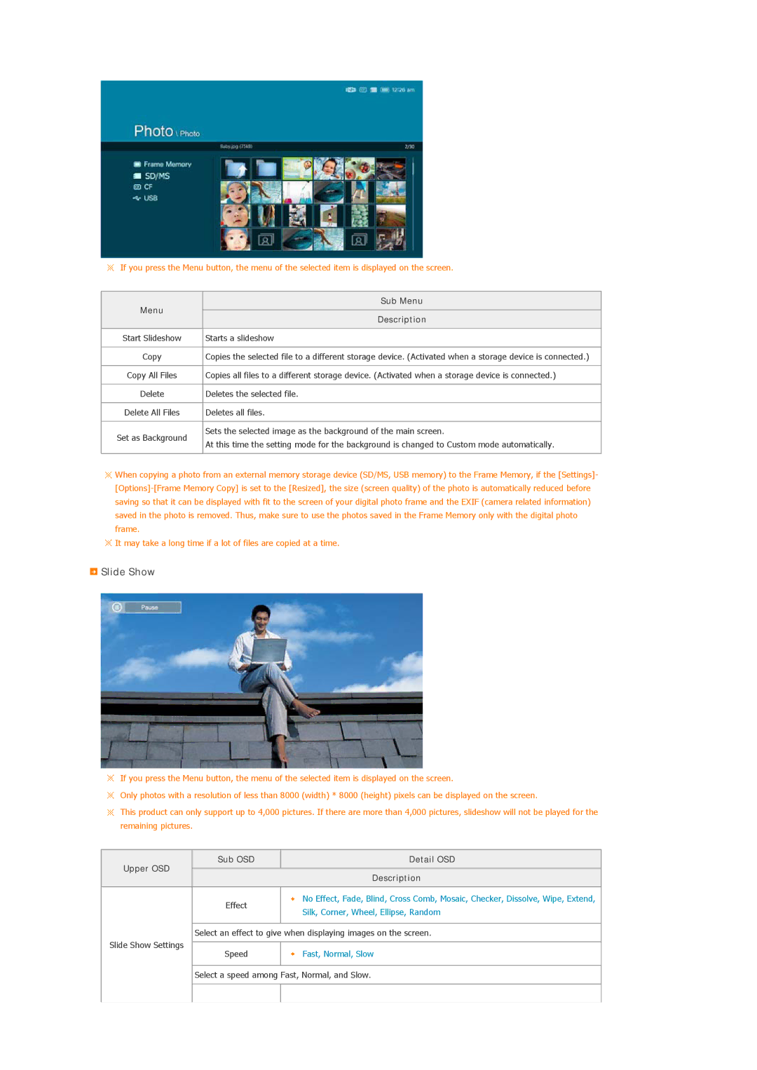 Samsung LP10CBMSBTSEN, LP10CBQSST/EN, LP10CBMSBTZEN manual Slide Show, Menu Sub Menu Description, Sub OSD, Upper OSD 