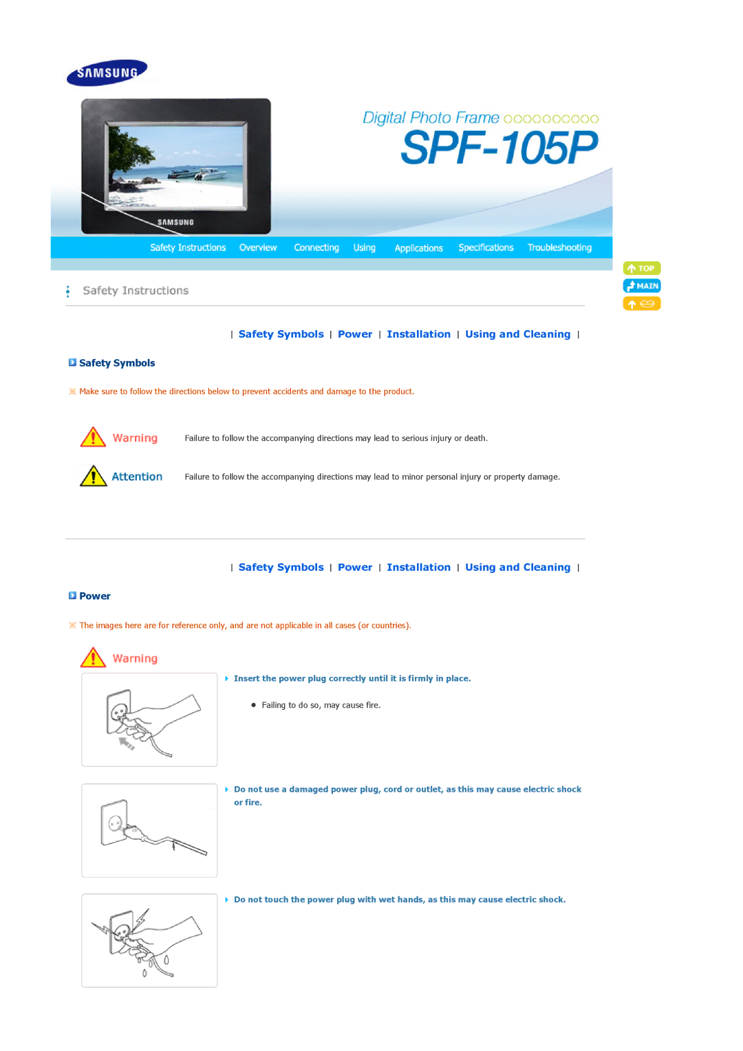 Samsung LP10CBMSBTSEN, LP10CBQSST/EN, LP10CBMSBTZEN manual Safety Symbols Power Installation Using and Cleaning 