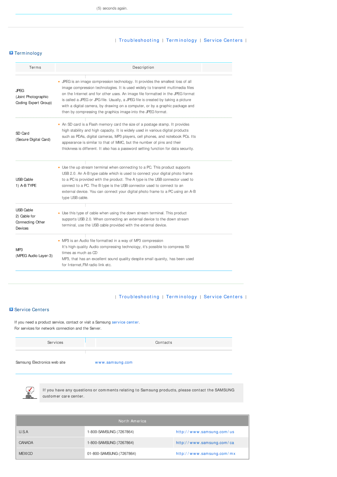 Samsung LP10CBMSBTZEN, LP10CBQSST/EN, LP10CBMSBTSEN manual Terminology, Service Centers, Terms, Services 