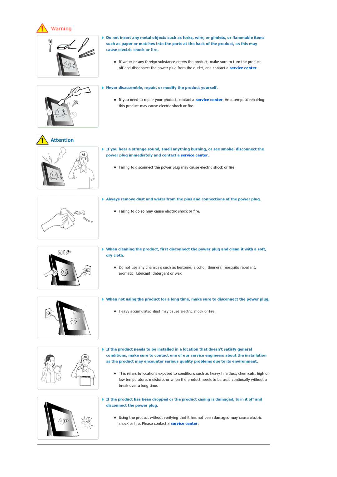 Samsung LP10CBMSBTSEN, LP10CBQSST/EN, LP10CBMSBTZEN manual Never disassemble, repair, or modify the product yourself 