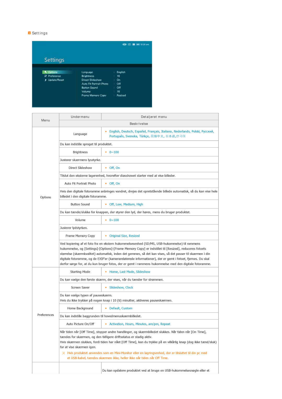 Samsung LP10CBQSST/EN manual Settings, Português, Svenska, Türkçe, 简体中文, 日本語,한국어 