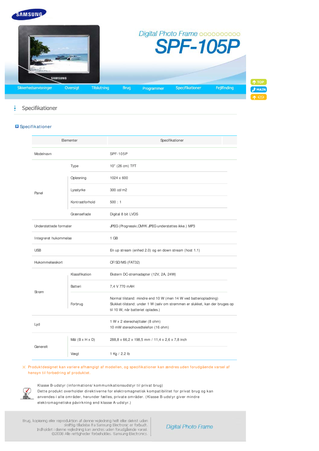 Samsung LP10CBQSST/EN manual Specifikationer, SPF-105P 