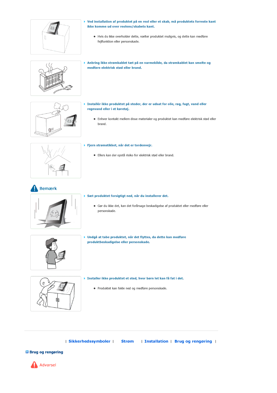 Samsung LP10CBQSST/EN manual Brug og rengøring, Sæt produktet forsigtigt ned, når du installerer det 