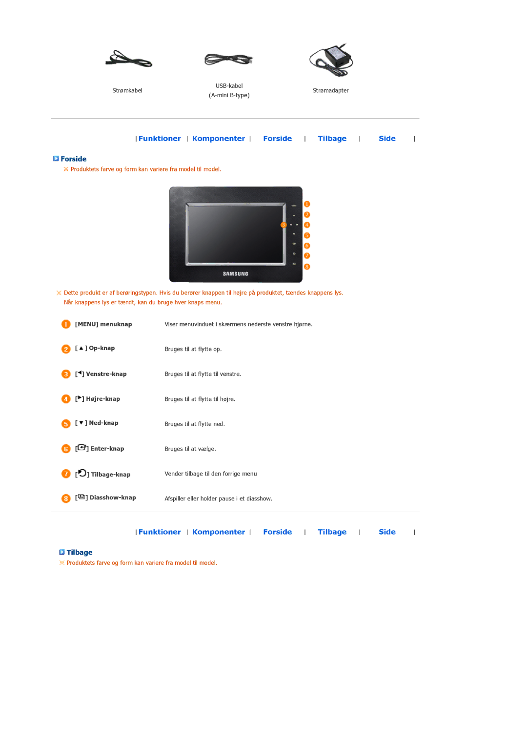 Samsung LP10CBQSST/EN manual Forside, Tilbage, Menu menuknap 