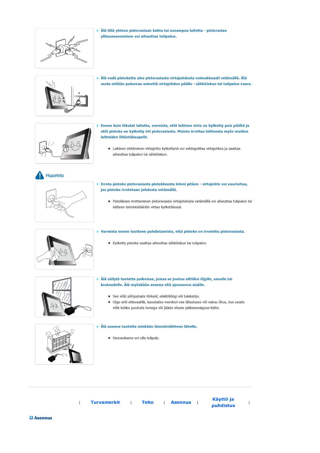 Samsung LP10CBQSST/EN Asennus, Kytketty pistoke saattaa aiheuttaa sähköiskun tai tulipalon, Seurauksena voi olla tulipalo 