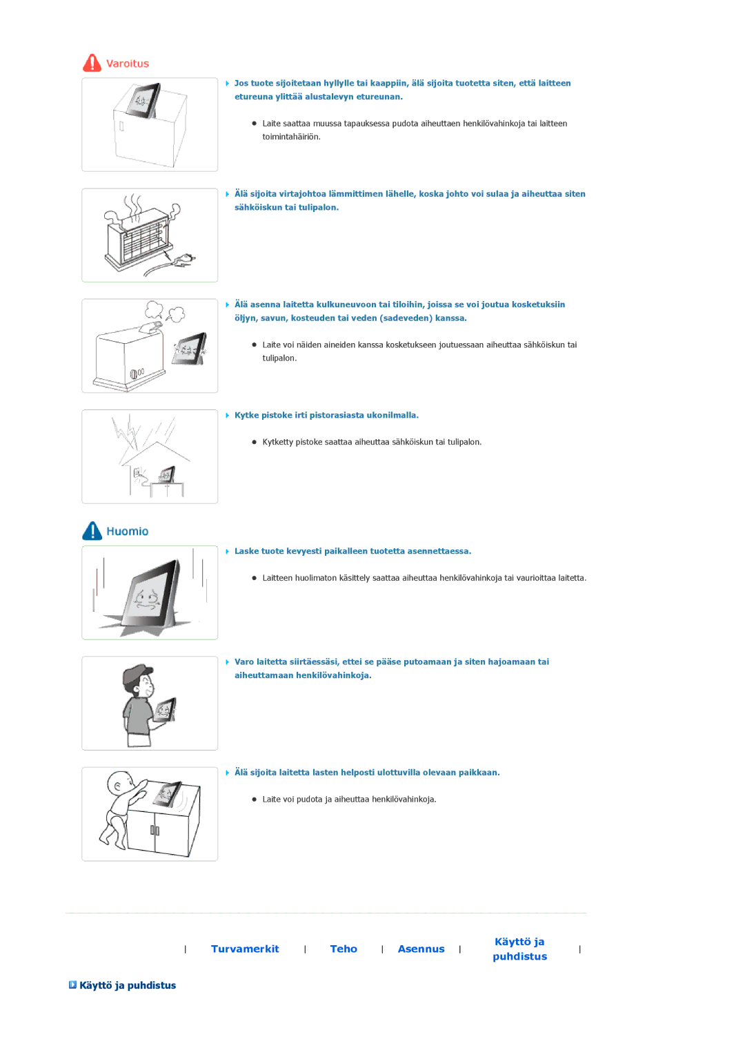 Samsung LP10CBQSST/EN manual Käyttö ja puhdistus, Laite voi pudota ja aiheuttaa henkilövahinkoja 