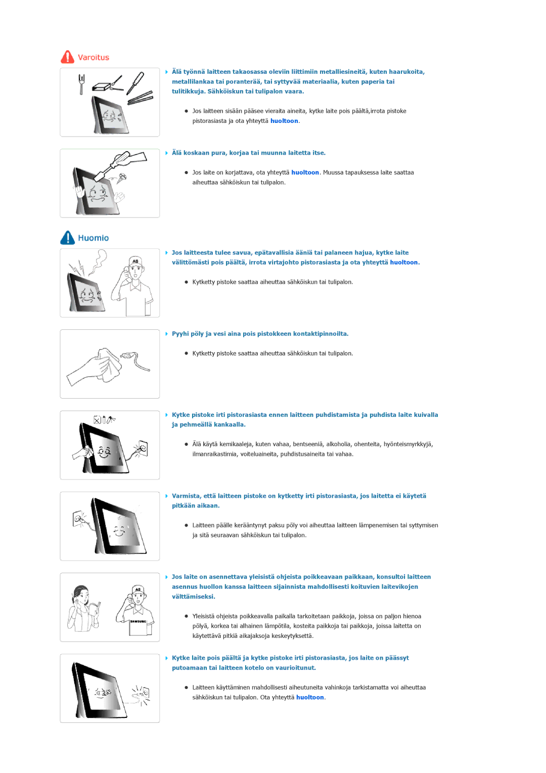 Samsung LP10CBQSST/EN manual Pyyhi pöly ja vesi aina pois pistokkeen kontaktipinnoilta 