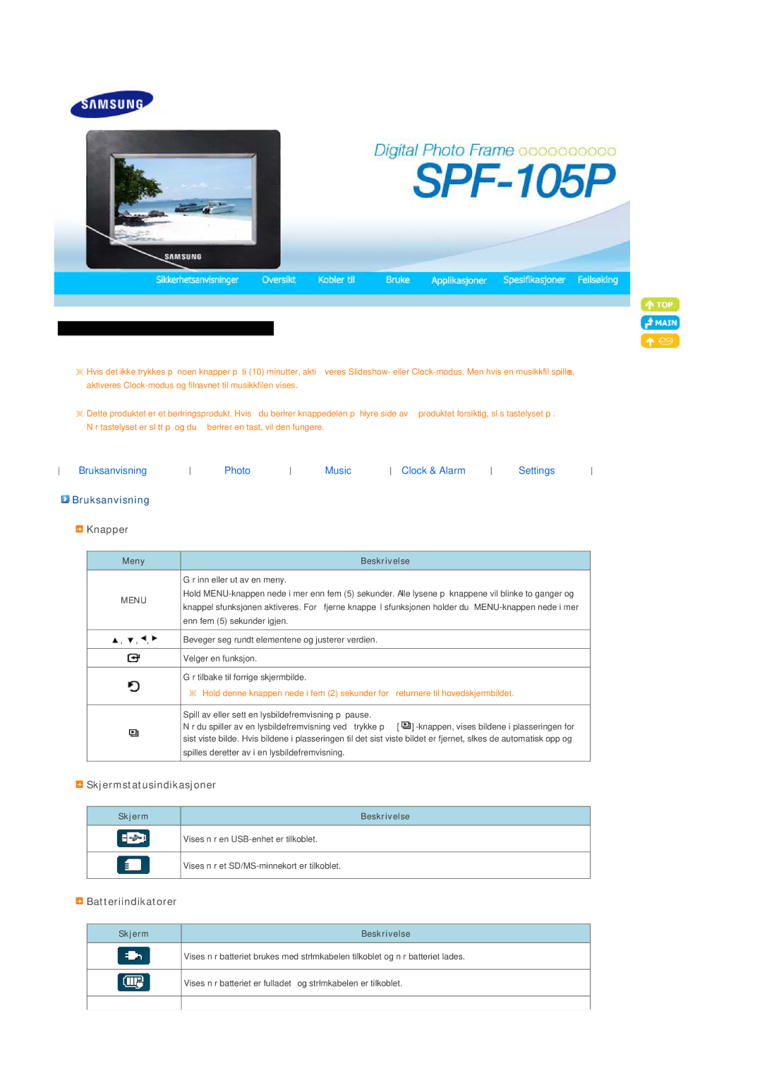 Samsung LP10CBQSST/EN manual Bruksanvisning, Knapper, Photo Music Clock & Alarm Settings, Skjermstatusindikasjoner 