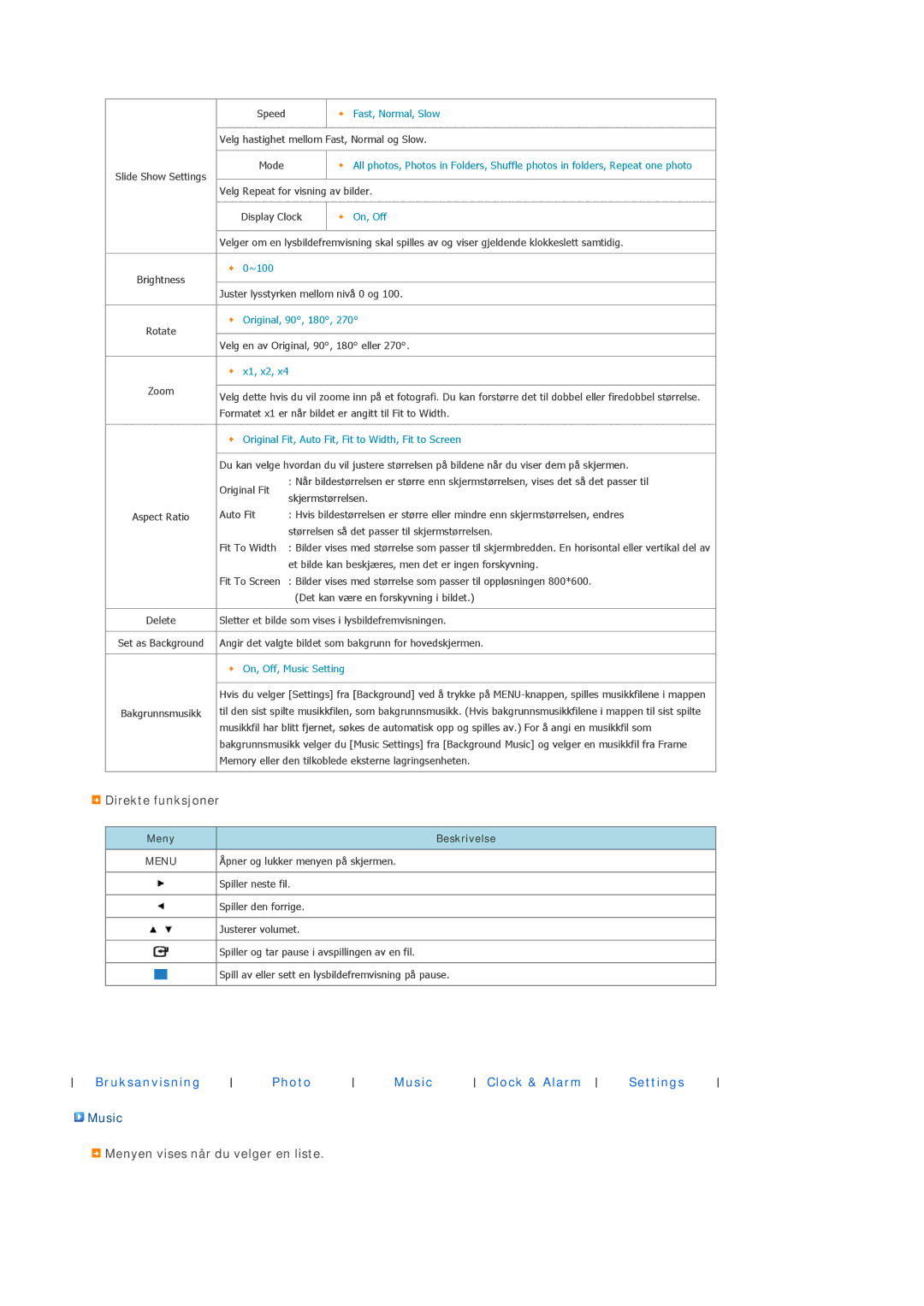 Samsung LP10CBQSST/EN manual Direkte funksjoner, Music, Menyen vises når du velger en liste 