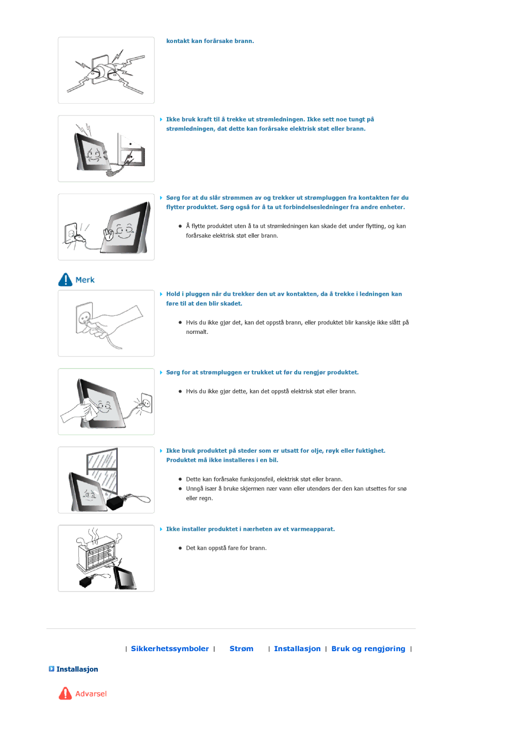 Samsung LP10CBQSST/EN manual Installasjon, Kontakt kan forårsake brann 