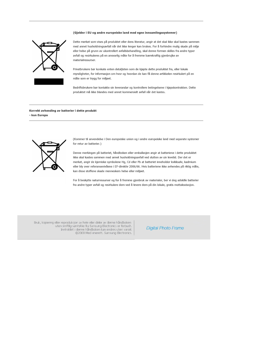 Samsung LP10CBQSST/EN manual Korrekt avhending av batterier i dette produkt kun Europa 