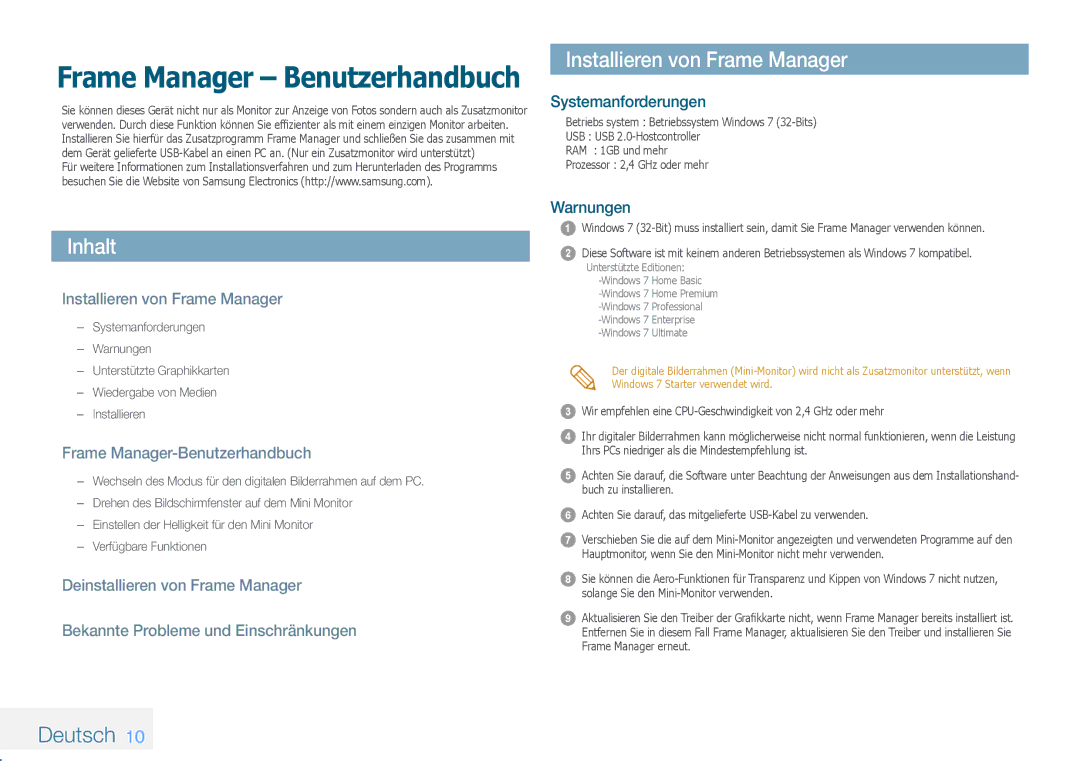 Samsung LP08IPLEBTZEN, LP10IPLSBTZEN manual Inhalt, Installieren von Frame Manager, Deutsch, Frame Manager-Benutzerhandbuch 