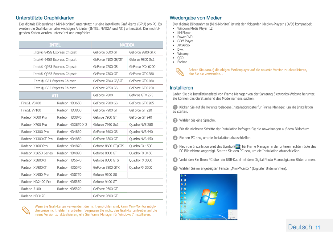 Samsung LP08IPLSBTZEN, LP10IPLSBTZEN, LP08IPLEBTZEN manual Unterstützte Graphikkarten, Wiedergabe von Medien, Installieren 