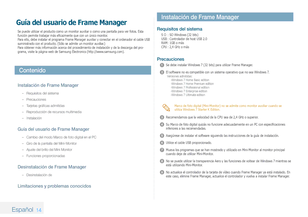 Samsung LP08IPLSBTZEN, LP10IPLSBTZEN, LP08IPLEBTZEN manual Contenido, Instalación de Frame Manager, Español 