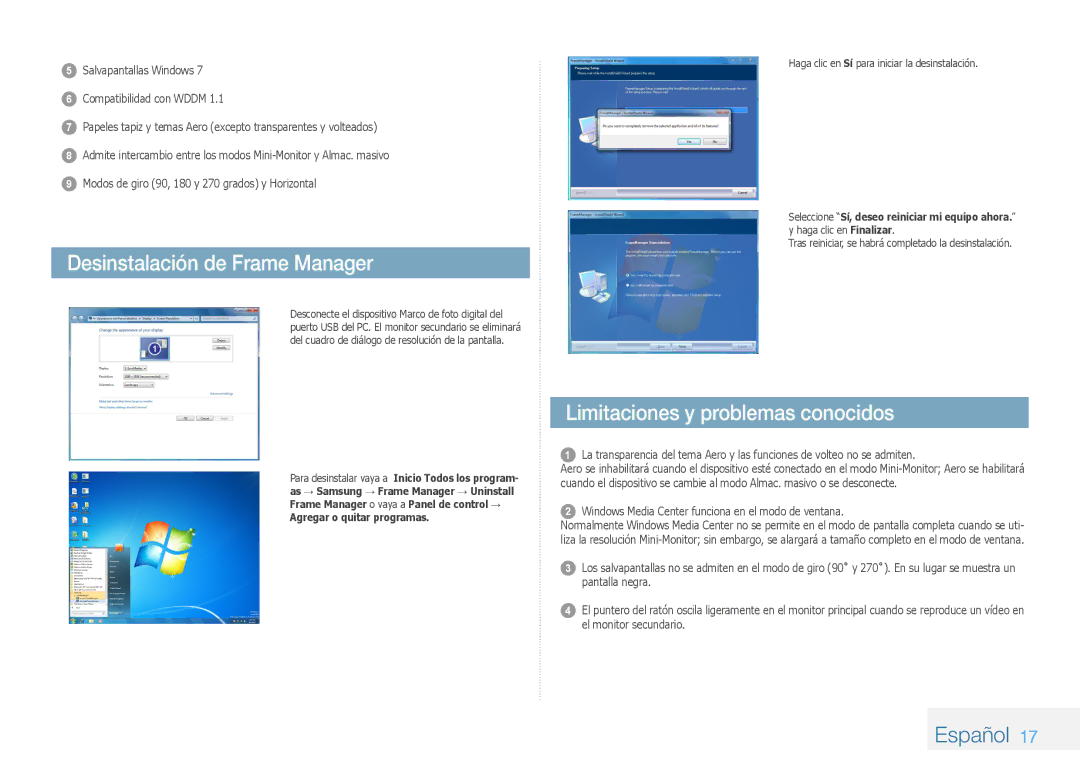 Samsung LP08IPLSBTZEN, LP10IPLSBTZEN, LP08IPLEBTZEN Desinstalación de Frame Manager, Limitaciones y problemas conocidos 