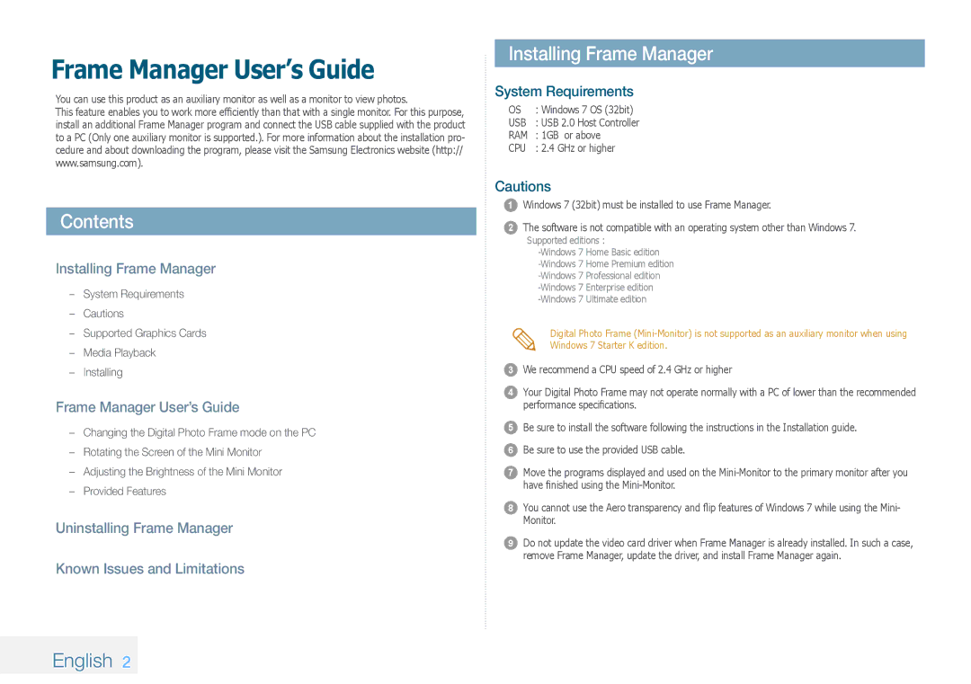 Samsung LP08IPLSBTZEN, LP10IPLSBTZEN, LP08IPLEBTZEN manual Contents, Installing Frame Manager 