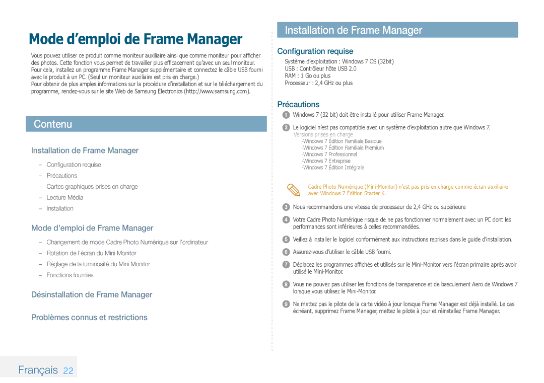 Samsung LP08IPLEBTZEN, LP10IPLSBTZEN manual Contenu, Installation de Frame Manager, Français, Mode d’emploi de Frame Manager 