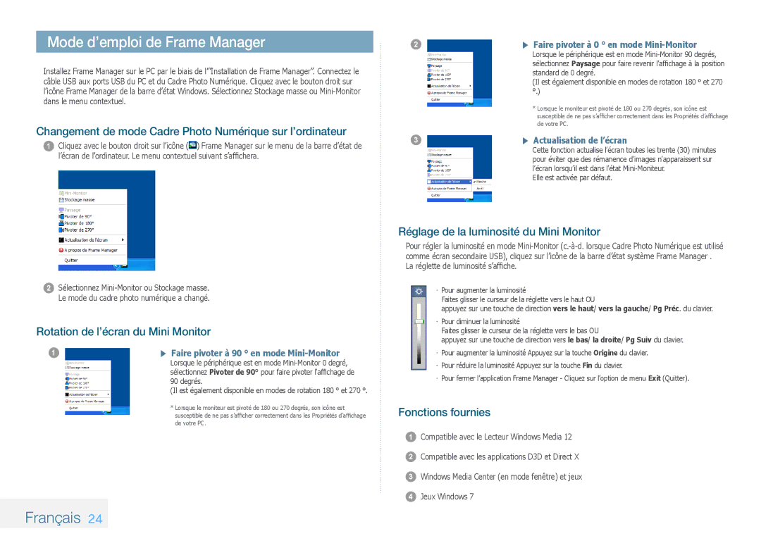 Samsung LP10IPLSBTZEN manual Mode d’emploi de Frame Manager, Changement de mode Cadre Photo Numérique sur l’ordinateur 