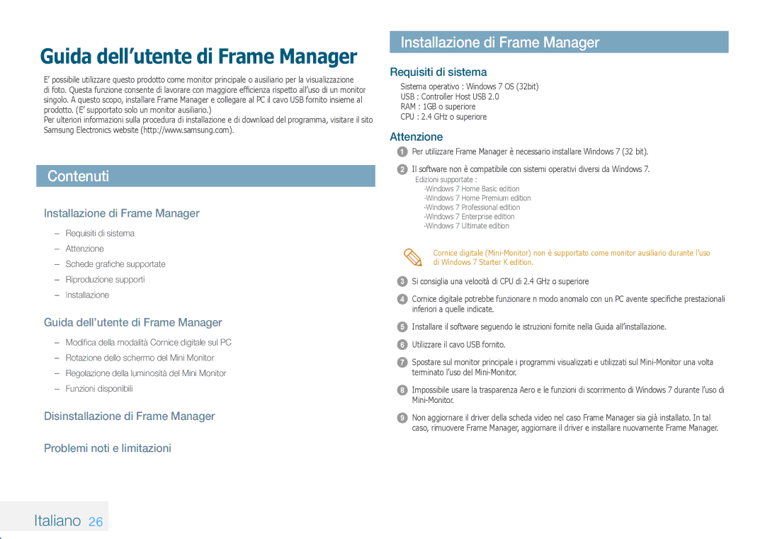 Samsung LP08IPLSBTZEN manual Contenuti, Installazione di Frame Manager, Italiano, Guida dell’utente di Frame Manager 