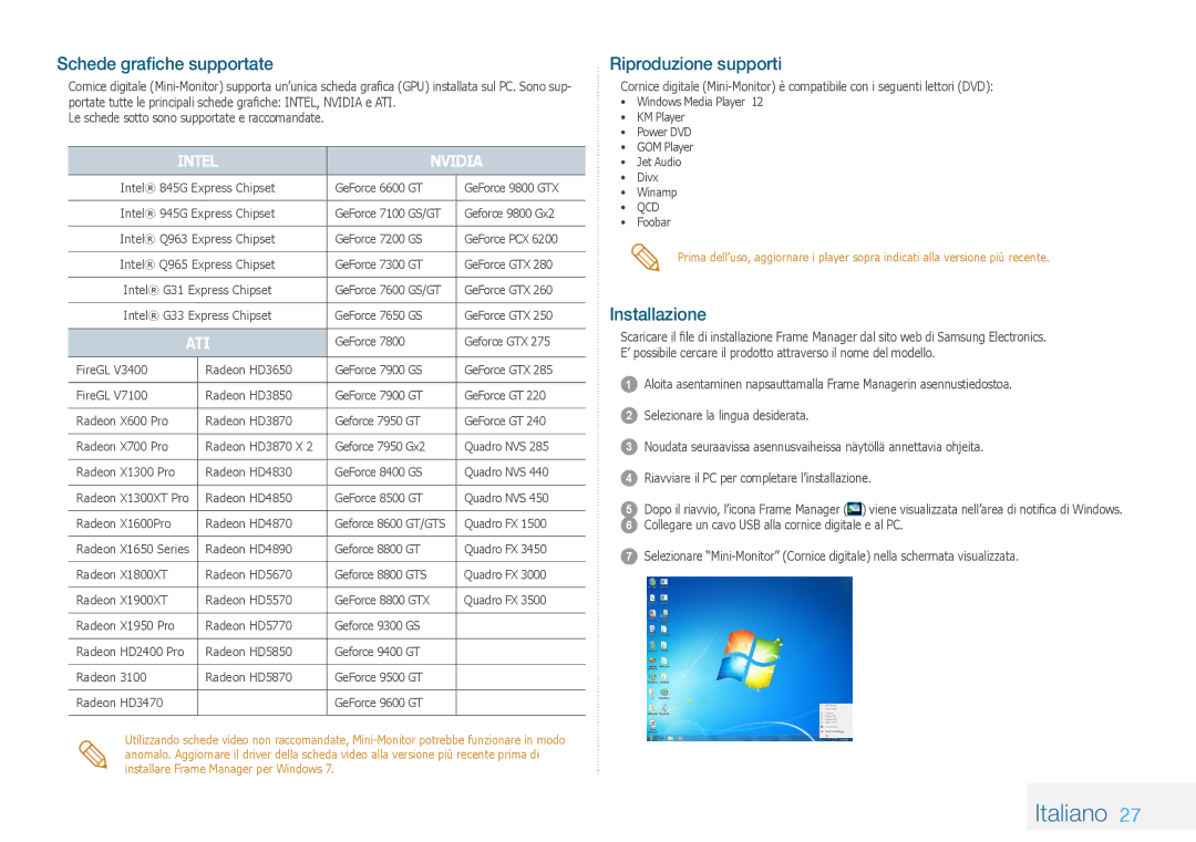 Samsung LP10IPLSBTZEN, LP08IPLEBTZEN, LP08IPLSBTZEN manual Schede grafiche supportate, Riproduzione supporti, Installazione 