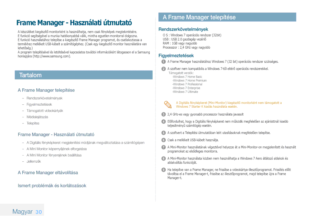 Samsung LP10IPLSBTZEN, LP08IPLEBTZEN, LP08IPLSBTZEN manual Tartalom, Frame Manager telepítése, Magyar 