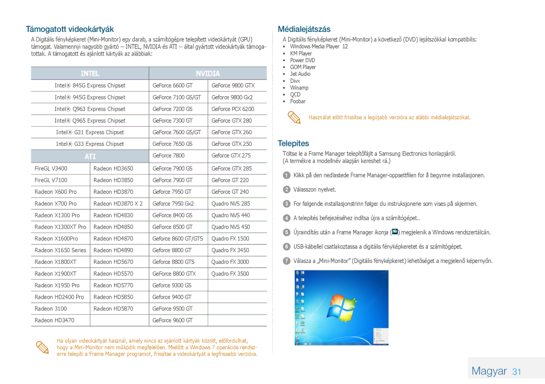 Samsung LP08IPLEBTZEN, LP10IPLSBTZEN, LP08IPLSBTZEN manual Támogatott videokártyák, Médialejátszás, Telepites 