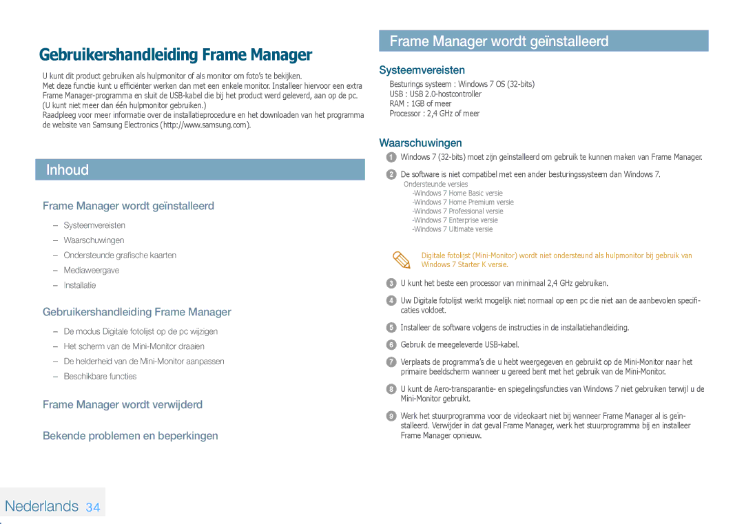 Samsung LP08IPLEBTZEN manual Inhoud, Frame Manager wordt geïnstalleerd, Nederlands, Gebruikershandleiding Frame Manager 