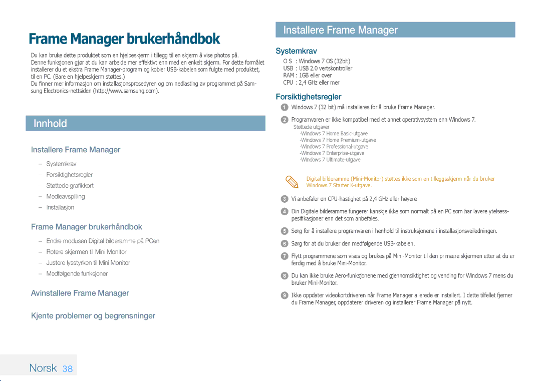 Samsung LP08IPLSBTZEN, LP10IPLSBTZEN, LP08IPLEBTZEN Innhold, Installere Frame Manager, Norsk, Frame Manager brukerhåndbok 