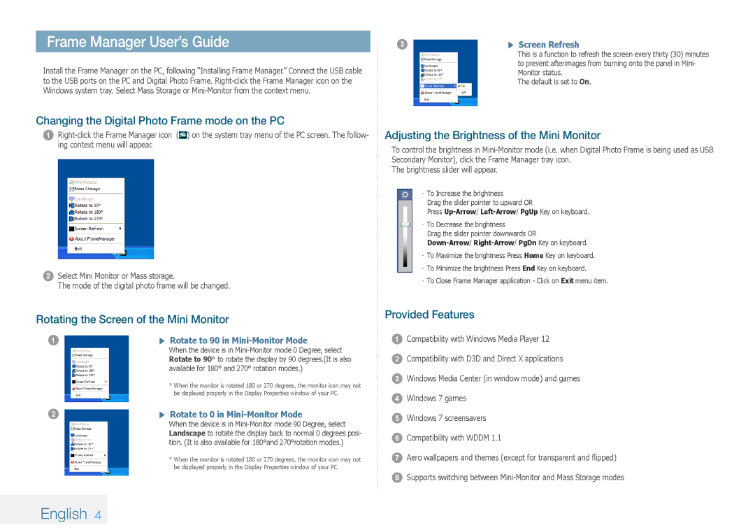 Samsung LP08IPLEBTZEN manual Frame Manager User’s Guide, Changing the Digital Photo Frame mode on the PC, Provided Features 