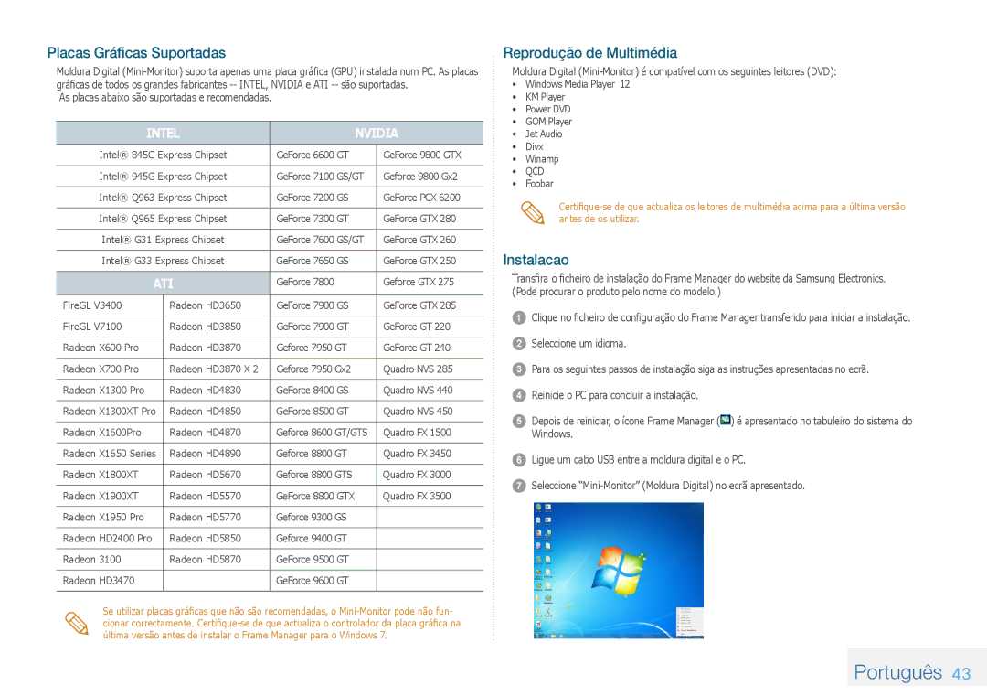 Samsung LP08IPLEBTZEN, LP10IPLSBTZEN, LP08IPLSBTZEN manual Placas Gráficas Suportadas, Reprodução de Multimédia, Instalacao 