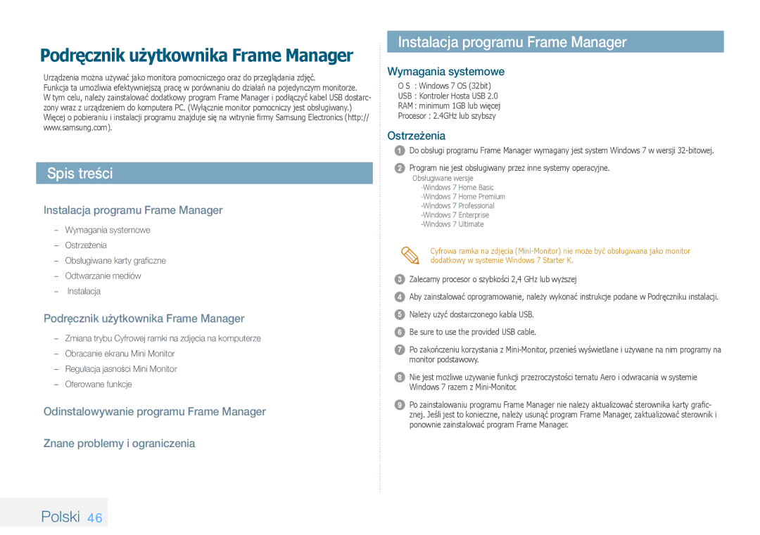 Samsung LP08IPLEBTZEN manual Spis treści, Instalacja programu Frame Manager, Polski, Podręcznik użytkownika Frame Manager 