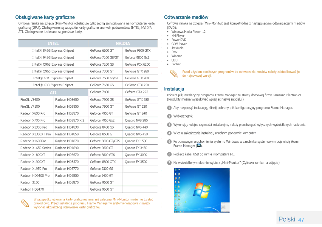 Samsung LP08IPLSBTZEN, LP10IPLSBTZEN, LP08IPLEBTZEN manual Obsługiwane karty graficzne, Odtwarzanie mediów, Instalacja 