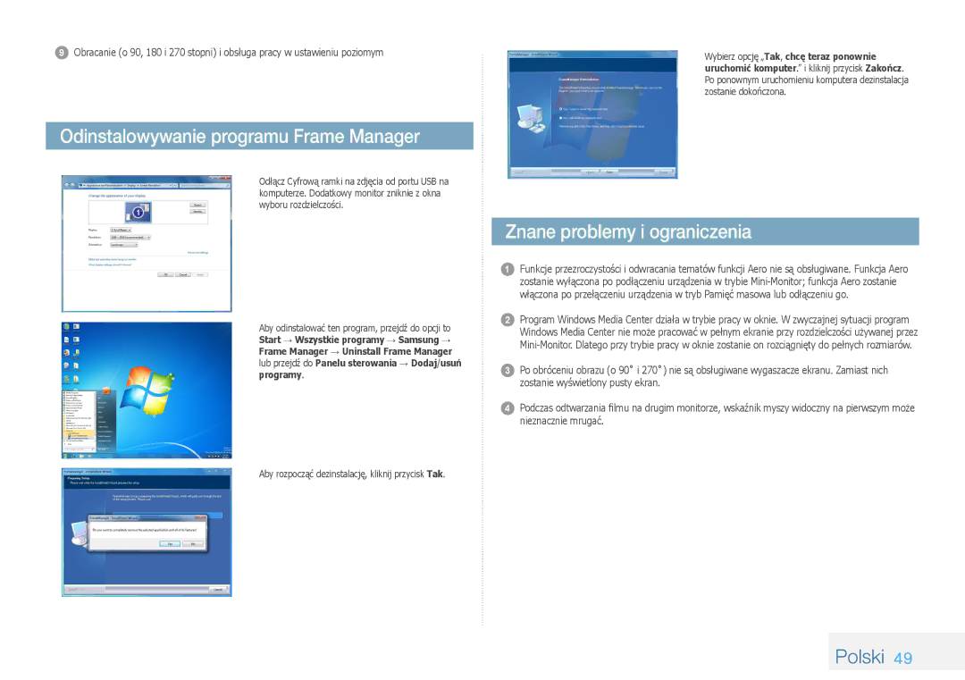 Samsung LP08IPLEBTZEN, LP10IPLSBTZEN, LP08IPLSBTZEN Odinstalowywanie programu Frame Manager, Znane problemy i ograniczenia 