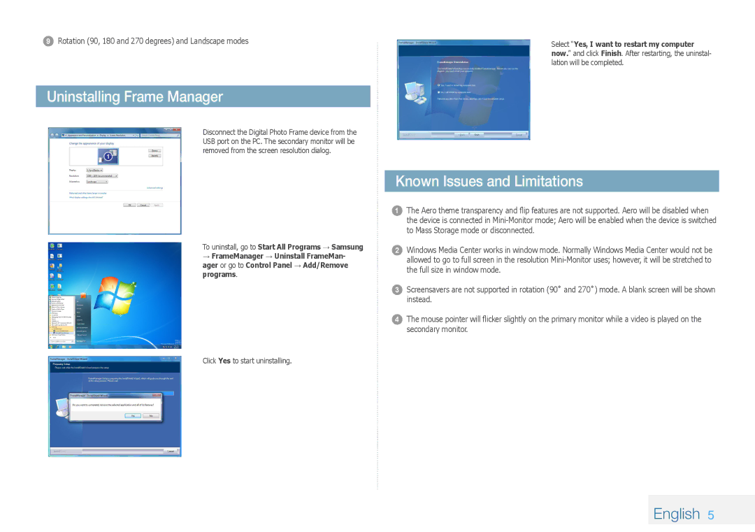 Samsung LP08IPLSBTZEN, LP10IPLSBTZEN, LP08IPLEBTZEN manual Uninstalling Frame Manager, Known Issues and Limitations 