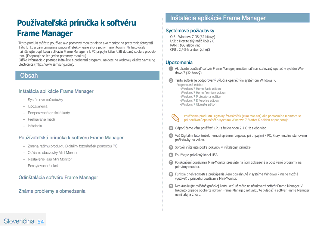 Samsung LP10IPLSBTZEN, LP08IPLEBTZEN, LP08IPLSBTZEN manual Obsah, Inštalácia aplikácie Frame Manager, Slovenčina 