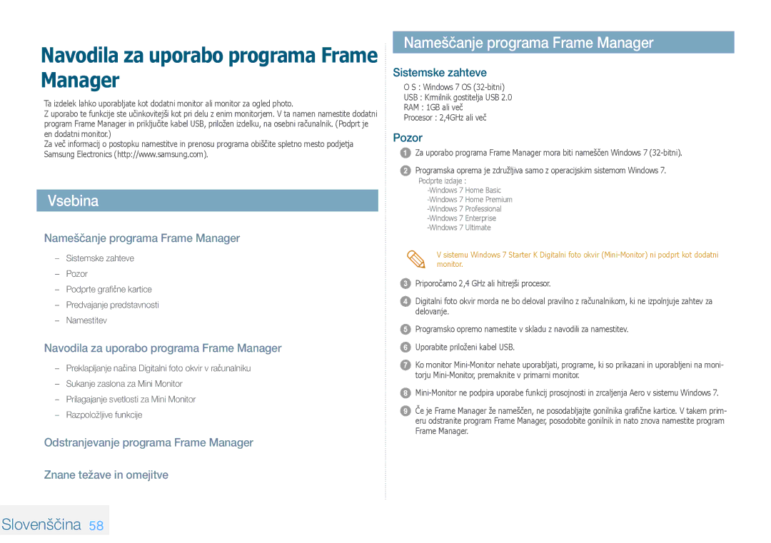 Samsung LP08IPLEBTZEN Vsebina, Nameščanje programa Frame Manager, Slovenščina, Navodila za uporabo programa Frame Manager 