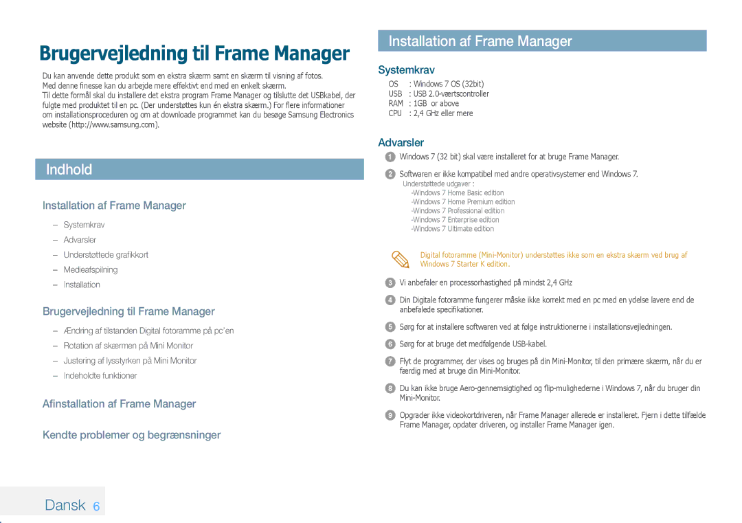 Samsung LP10IPLSBTZEN, LP08IPLEBTZEN Indhold, Installation af Frame Manager, Dansk, Brugervejledning til Frame Manager 