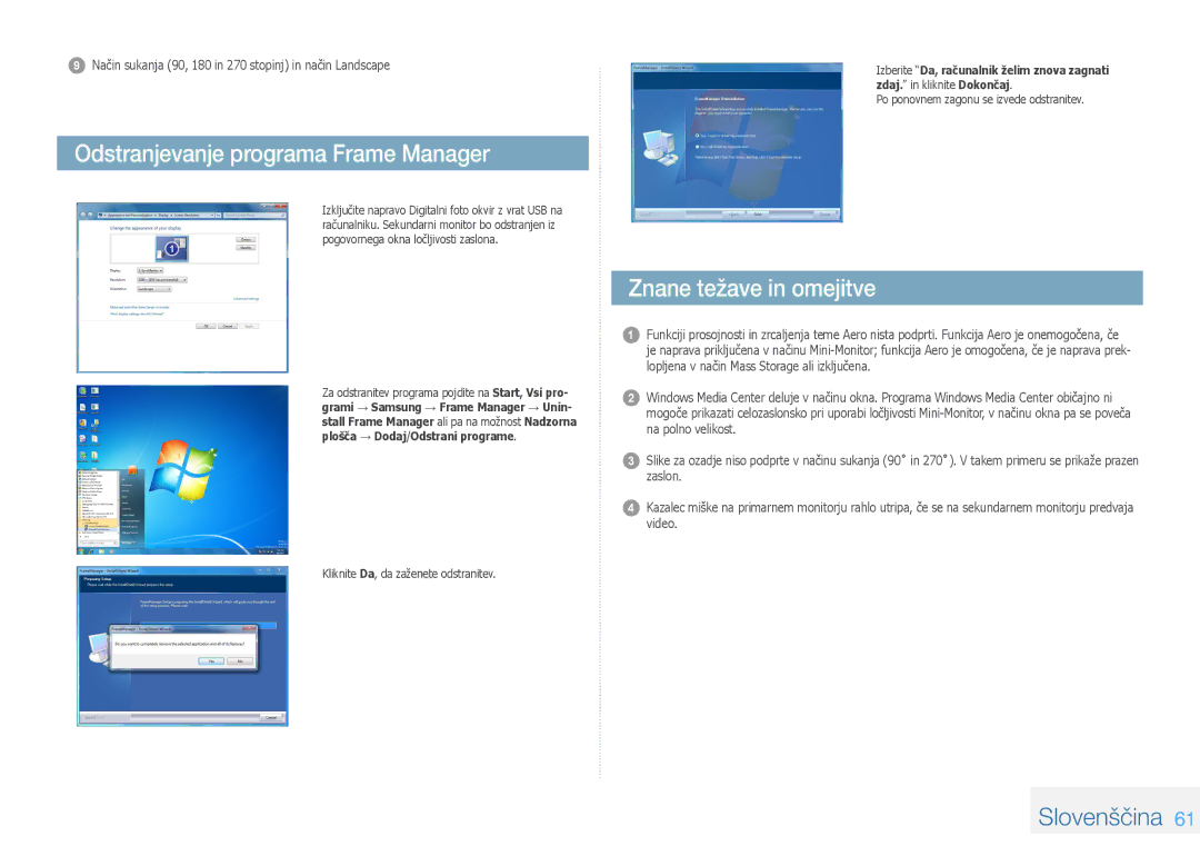 Samsung LP08IPLEBTZEN, LP10IPLSBTZEN, LP08IPLSBTZEN manual Odstranjevanje programa Frame Manager, Znane težave in omejitve 