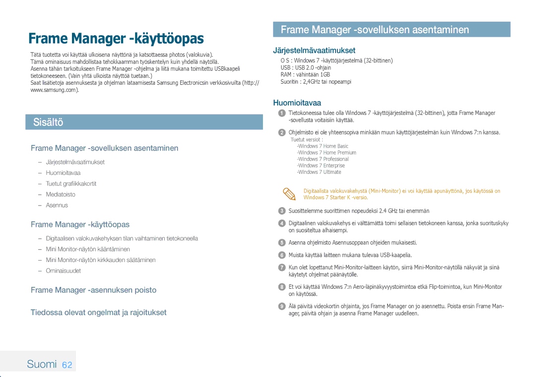 Samsung LP08IPLSBTZEN, LP10IPLSBTZEN Sisältö, Frame Manager -sovelluksen asentaminen, Suomi, Frame Manager -käyttöopas 