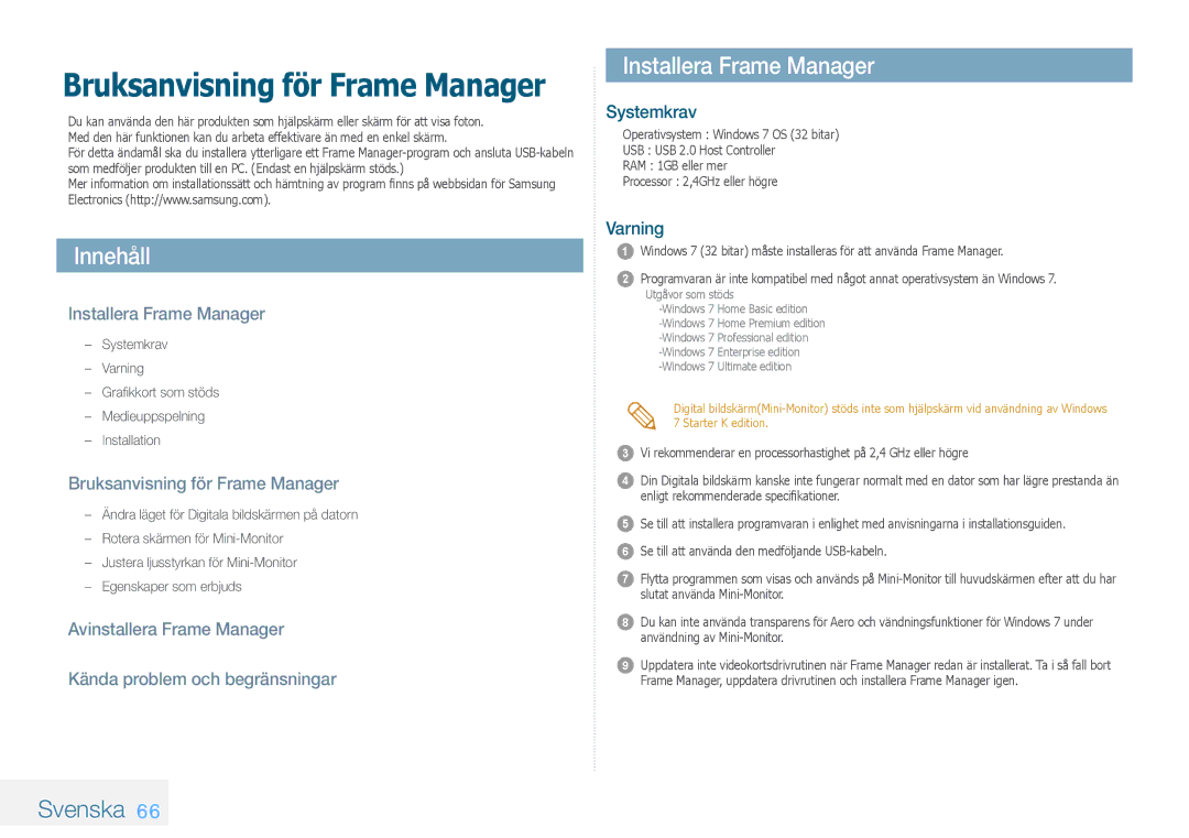 Samsung LP10IPLSBTZEN, LP08IPLEBTZEN, LP08IPLSBTZEN manual Innehåll, Installera Frame Manager, Svenska 