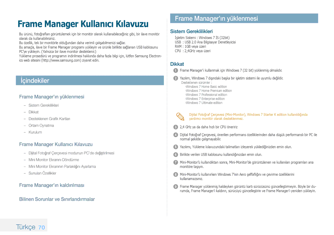 Samsung LP08IPLEBTZEN, LP10IPLSBTZEN İçindekiler, Frame Manager’ın yüklenmesi, Türkçe, Frame Manager Kullanıcı Kılavuzu 