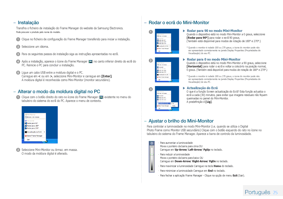 Samsung LP08IPLEBTZEN manual Rodar para 90 no modo Mini-Monitor, Rodar para 0 no modo Mini-Monitor, Actualização do Ecrã 