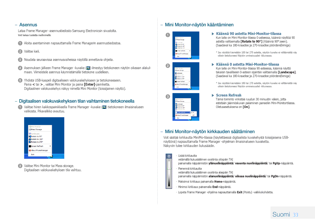 Samsung LP10IPLSBTZEN, LP08IPLEBTZEN Asennus, Mini Monitor-näytön kääntäminen, Mini Monitor-näytön kirkkauden säätäminen 