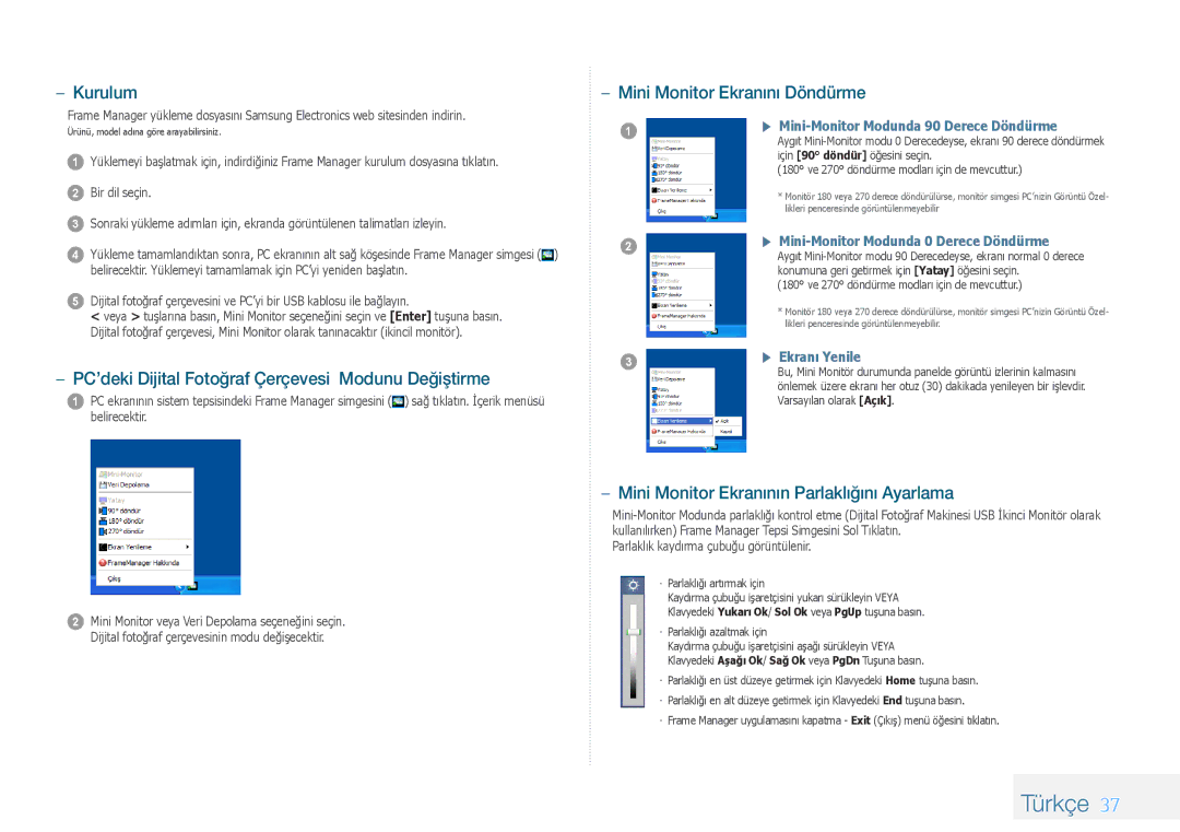 Samsung LP08IPLEBTZEN manual Kurulum, PC’deki Dijital Fotoğraf Çerçevesi Modunu Değiştirme, Mini Monitor Ekranını Döndürme 