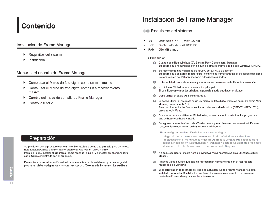 Samsung LP08IPLSBTZEN Contenido, Instalación de Frame Manager, Manual del usuario de Frame Manager, Requisitos del sistema 